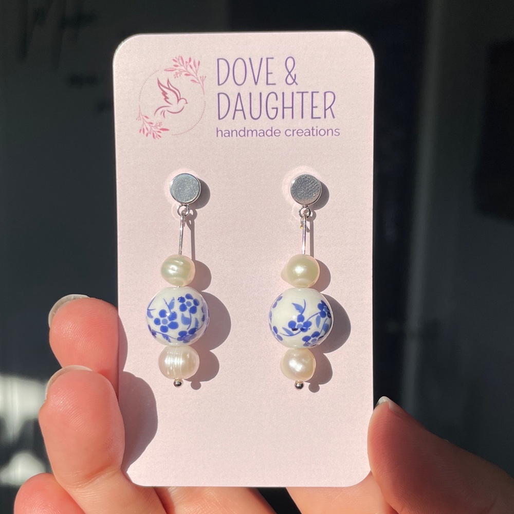 Blue Azul Glass Bead and Freshwater Pearl Hand Crafted Earrings